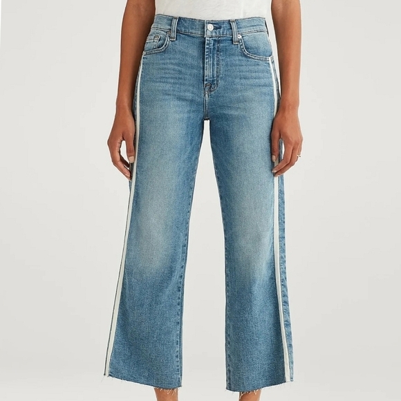 7 FAMK Jean Womens 24 Blue Denim Alexa Cropped Frayed Striped Wide Leg Raw Hem - Picture 3 of 12